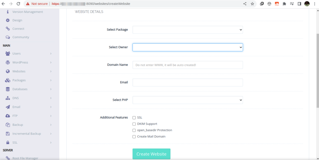 cyberpanel installation add domain