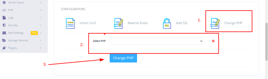 cyber panel change php version